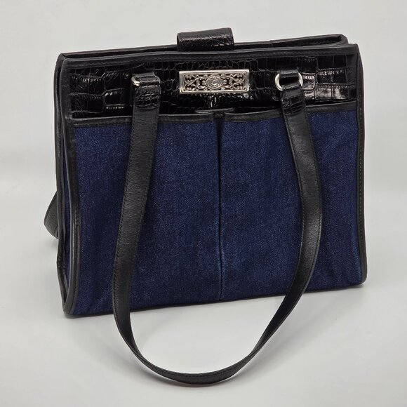 Brighton Handbags - Vintage Brighton Blue Denim & Black Croc Embossed Leather Tote Bag Silver Hardwa